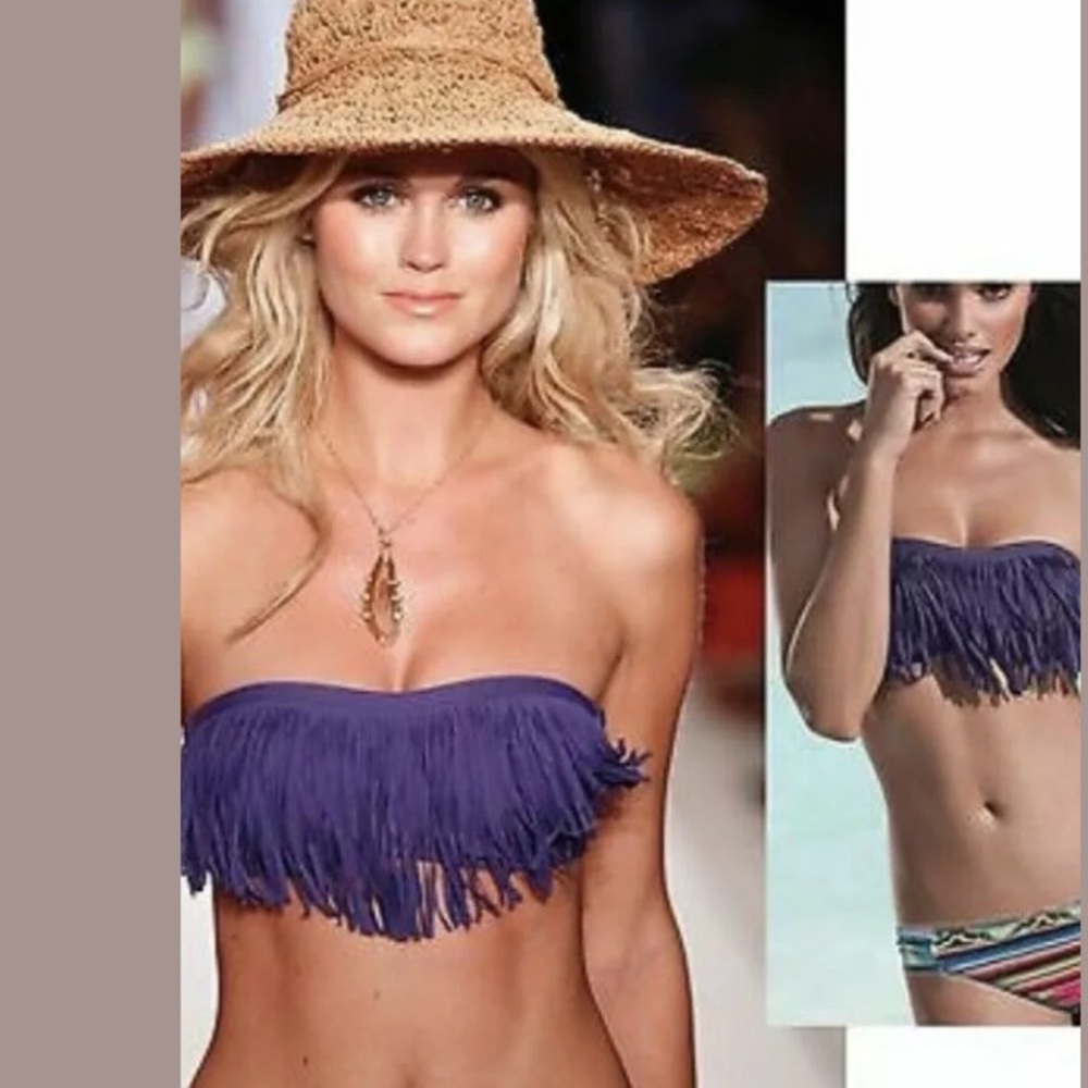 L*Space Purple Dolly Fringe Bandeau Bikini Top S